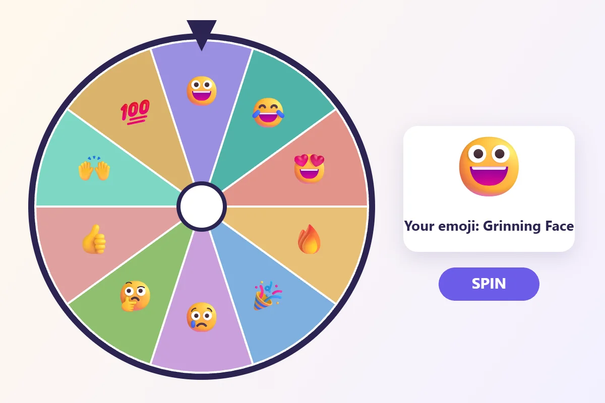 Emoji wheel with 10 popular emoji, landing on the grinning face
