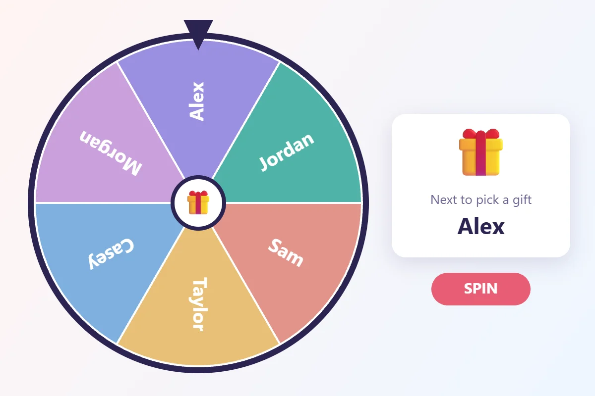 Gift exchange wheel with six names, landing on Alex as the next person to pick a gift