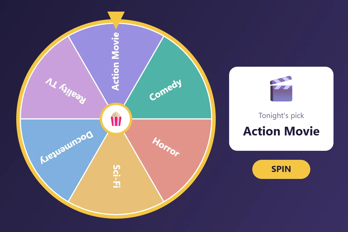 Movie picker wheel with six genres, landing on Action Movie as tonight's pick