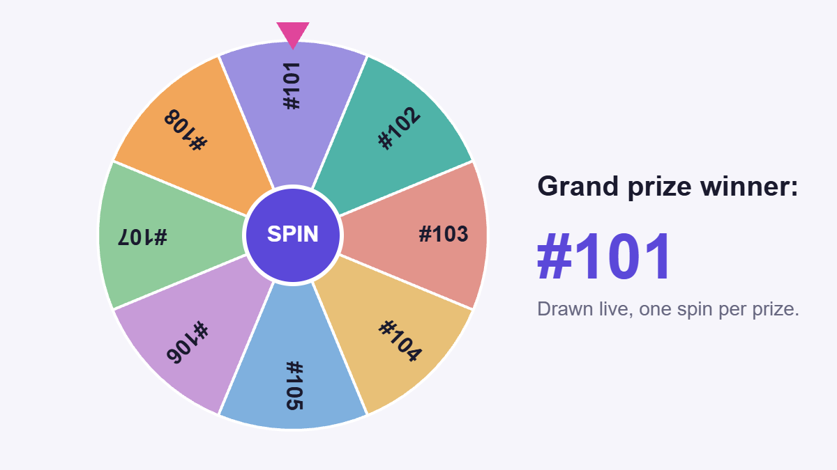 Raffle winner picker wheel with eight ticket numbers, drawing ticket 101