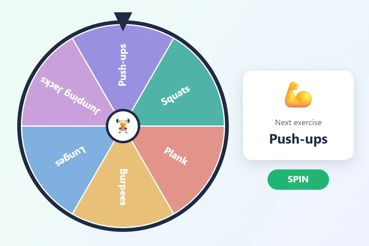 Workout picker wheel with six exercises, landing on push-ups as the next exercise